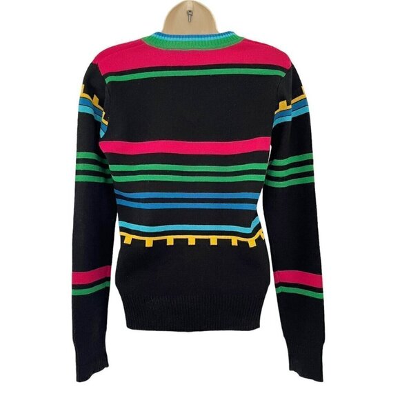 Obermeyer Womans Sz S Black Pink Blue Striped V Neck Wool Blend Pullover Sweater - Picture 3 of 8